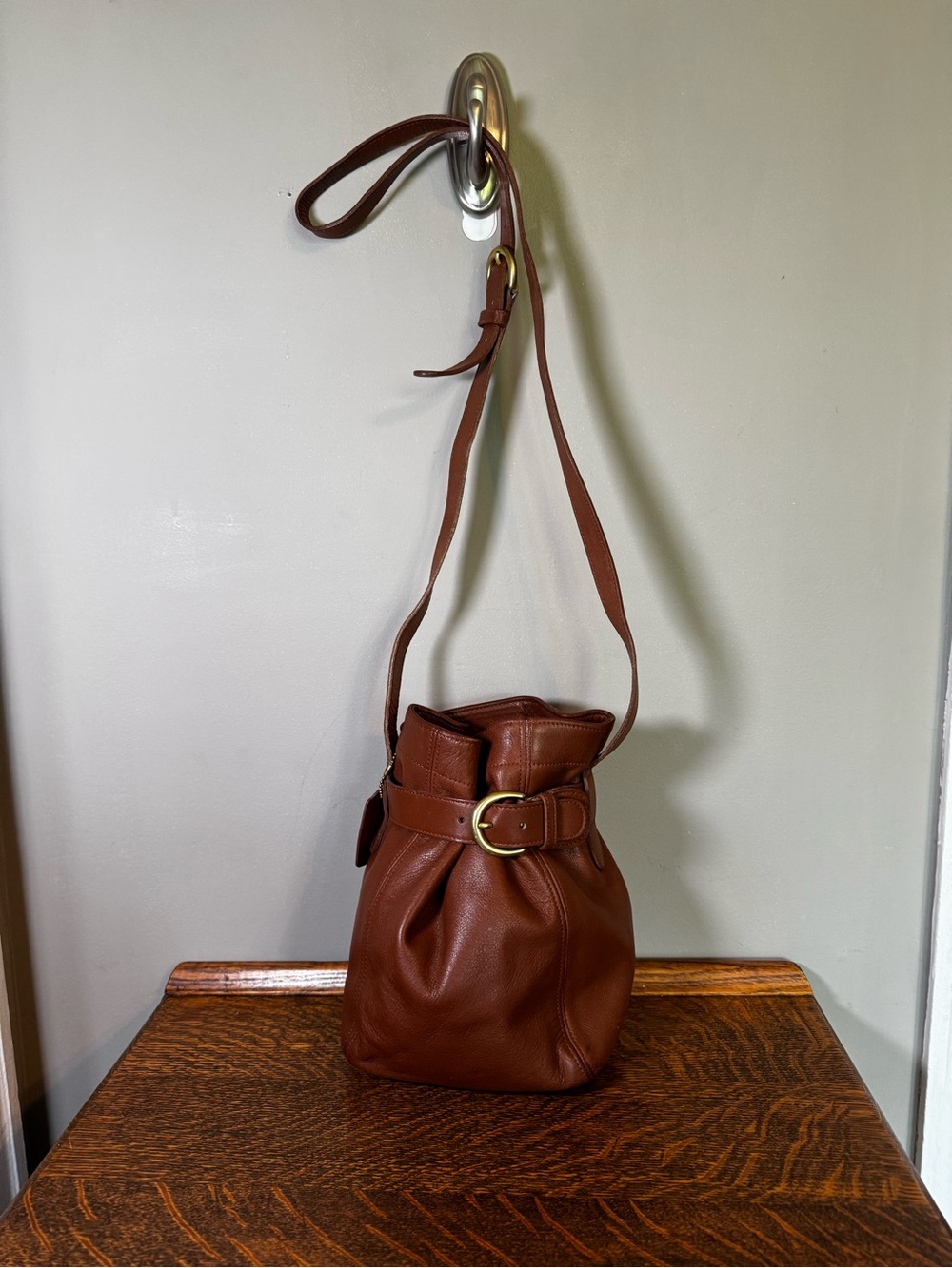 Coach Brown Leather Belted Crossbody Bucket Bag with Buckle - Picture 2 of 12